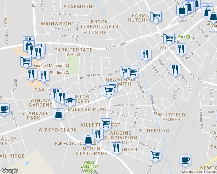 map of restaurants, bars, coffee shops, grocery stores, and more near Wilson Street Southwest in Wilson
