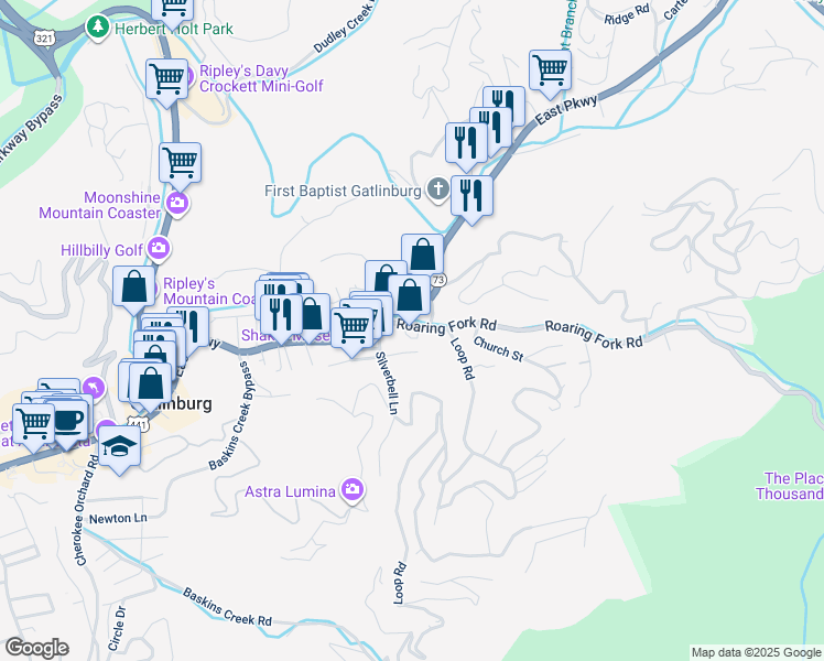 map of restaurants, bars, coffee shops, grocery stores, and more near 124 Roaring Fork Road in Gatlinburg