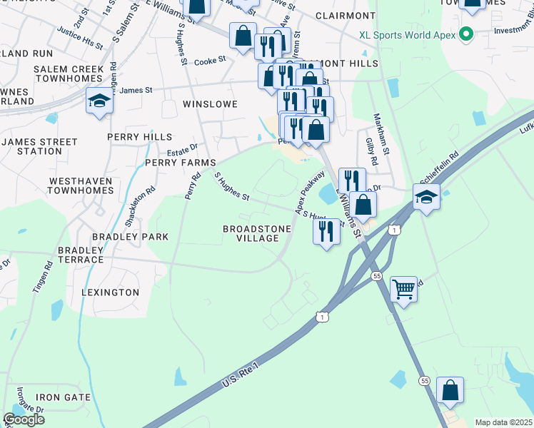 map of restaurants, bars, coffee shops, grocery stores, and more near 1501 Amethyst Crest Way in Apex