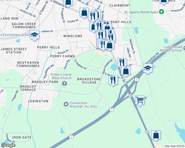 map of restaurants, bars, coffee shops, grocery stores, and more near 1501 Amethyst Crest Way in Apex