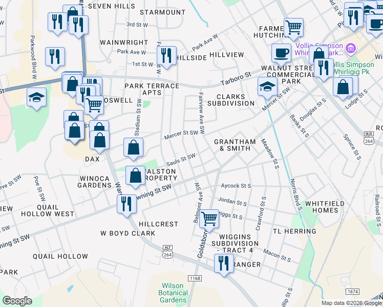 map of restaurants, bars, coffee shops, grocery stores, and more near 1204 Sauls Street Southwest in Wilson