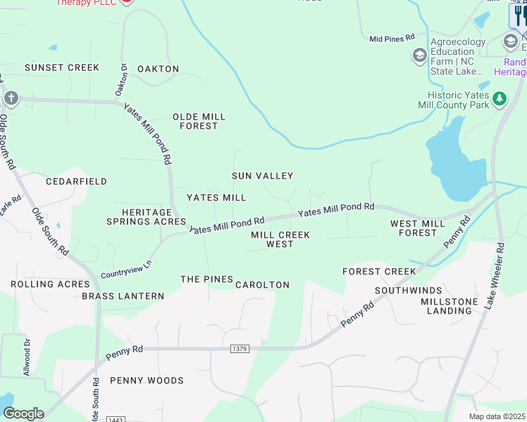 map of restaurants, bars, coffee shops, grocery stores, and more near 4000 Yates Mill Pond Road in Raleigh