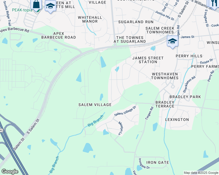 map of restaurants, bars, coffee shops, grocery stores, and more near 1820 Bodwin Lane in Apex
