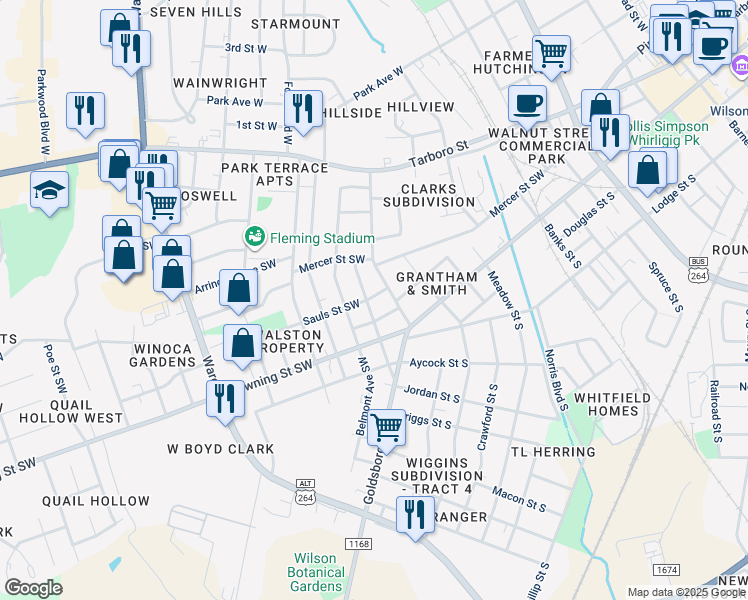 map of restaurants, bars, coffee shops, grocery stores, and more near 504 Fairview Avenue Southwest in Wilson