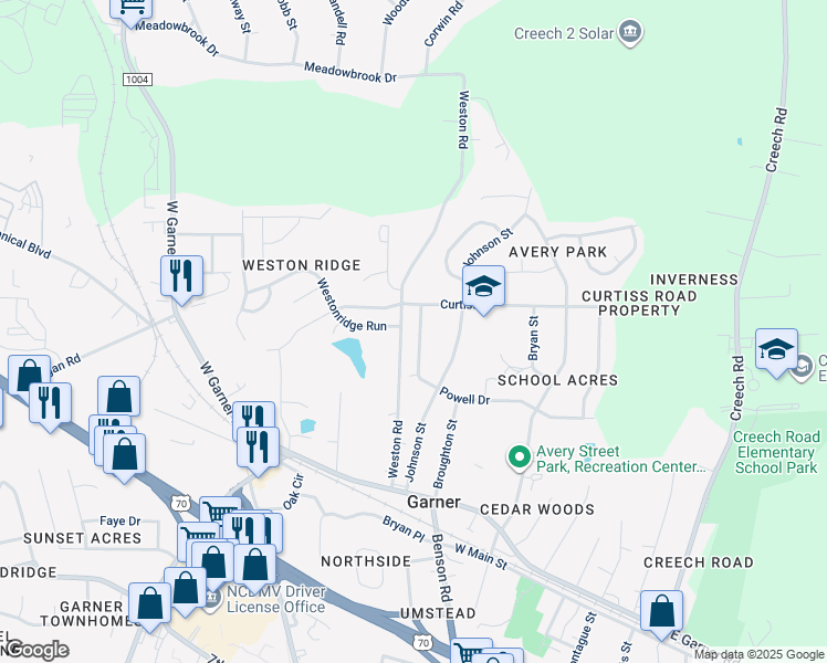 map of restaurants, bars, coffee shops, grocery stores, and more near 919 Powell Drive in Garner