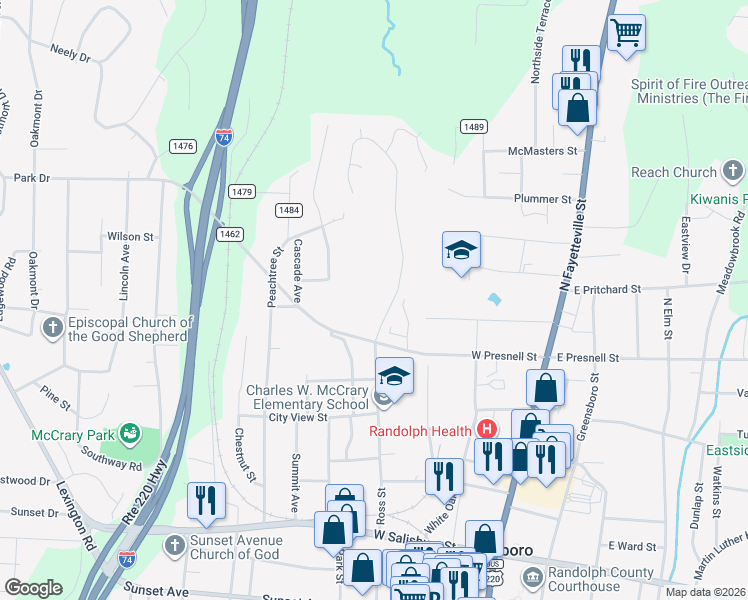 map of restaurants, bars, coffee shops, grocery stores, and more near 31 Williams Creek in Asheboro