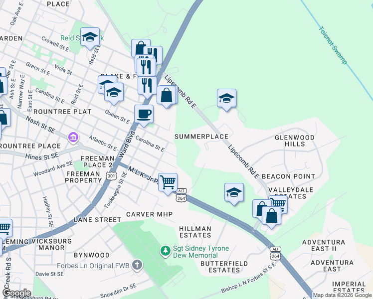 map of restaurants, bars, coffee shops, grocery stores, and more near 1714 Lipscomb Road East in Wilson