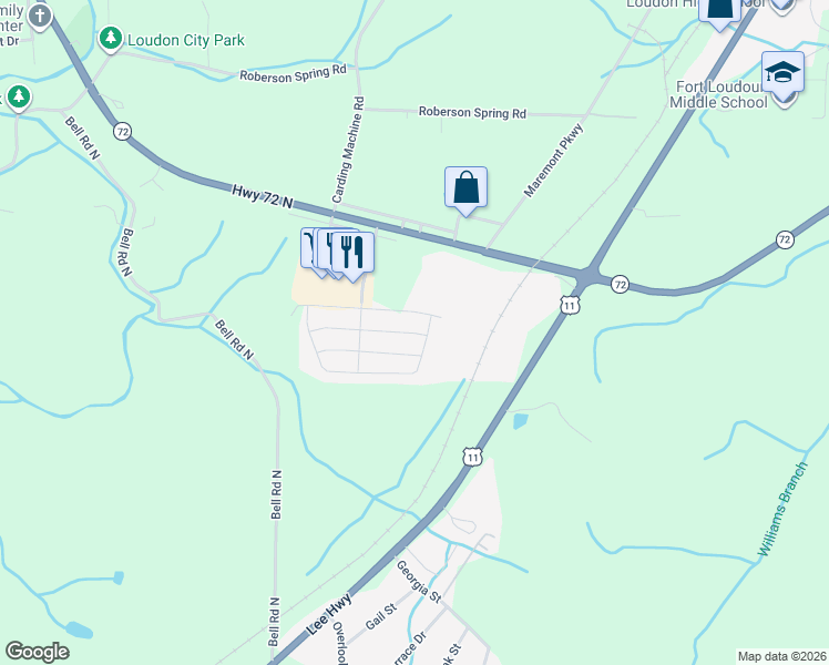 map of restaurants, bars, coffee shops, grocery stores, and more near 2216 Olivia Circle in Loudon
