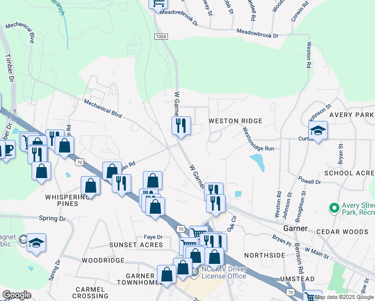 map of restaurants, bars, coffee shops, grocery stores, and more near 1330 West Garner Road in Garner