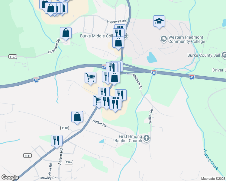 map of restaurants, bars, coffee shops, grocery stores, and more near 1215 U.S. Highway 64 in Morganton