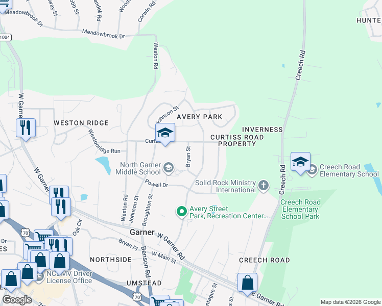 map of restaurants, bars, coffee shops, grocery stores, and more near 410 Bryan Street in Garner