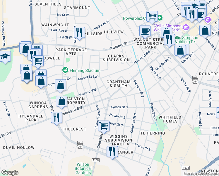 map of restaurants, bars, coffee shops, grocery stores, and more near 1011 Wilson Street Southwest in Wilson