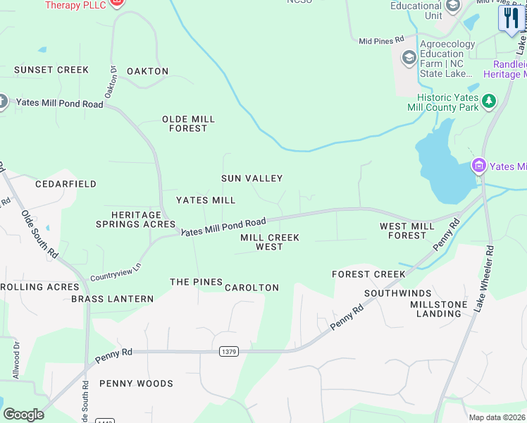 map of restaurants, bars, coffee shops, grocery stores, and more near 3904 Yates Mill Pond Road in Raleigh