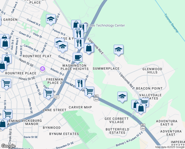 map of restaurants, bars, coffee shops, grocery stores, and more near 1711 Carolina Street East in Wilson