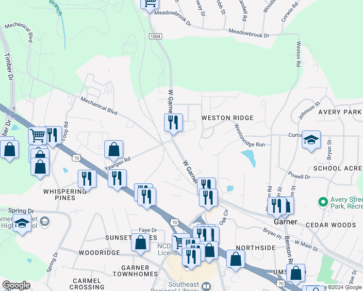 map of restaurants, bars, coffee shops, grocery stores, and more near 1330 West Garner Road in Garner