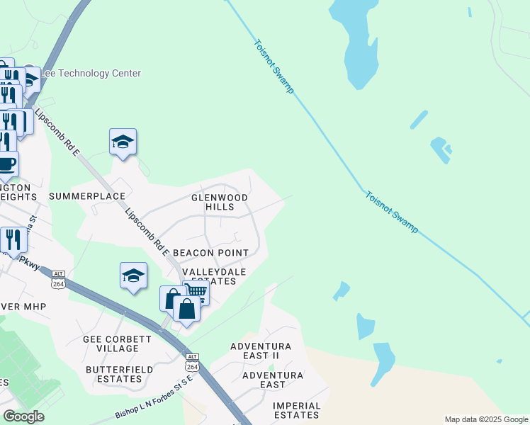 map of restaurants, bars, coffee shops, grocery stores, and more near 2104 Longview Drive East in Wilson