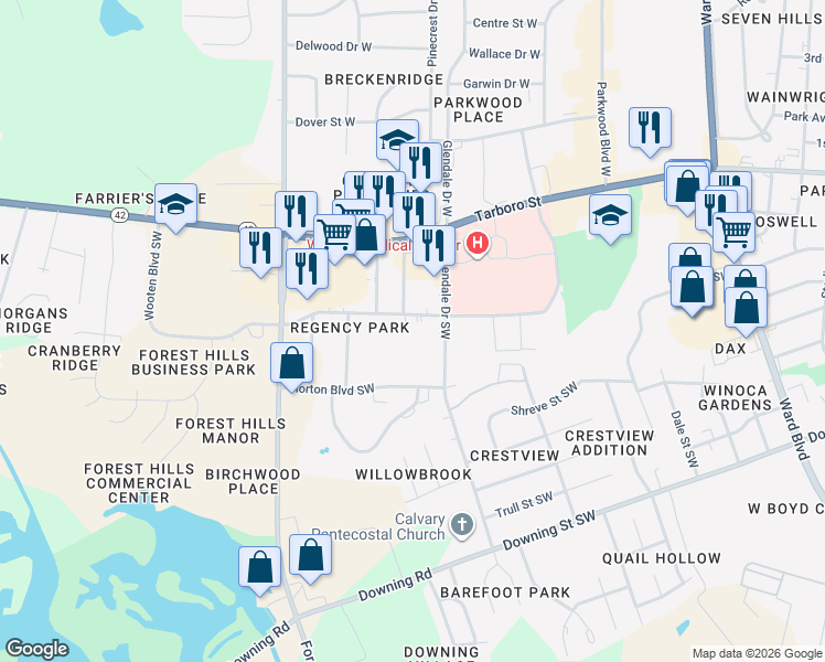 map of restaurants, bars, coffee shops, grocery stores, and more near 2403 Wooten Boulevard Southwest in Wilson