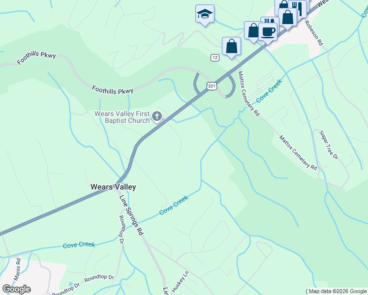 map of restaurants, bars, coffee shops, grocery stores, and more near 3544 Lawson Lane in Sevierville