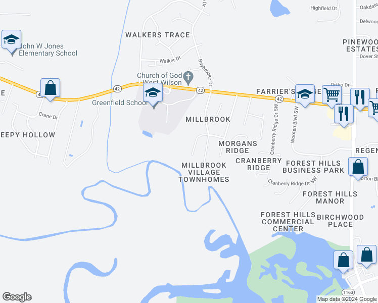 map of restaurants, bars, coffee shops, grocery stores, and more near 3409 Widgeon Street Southwest in Wilson