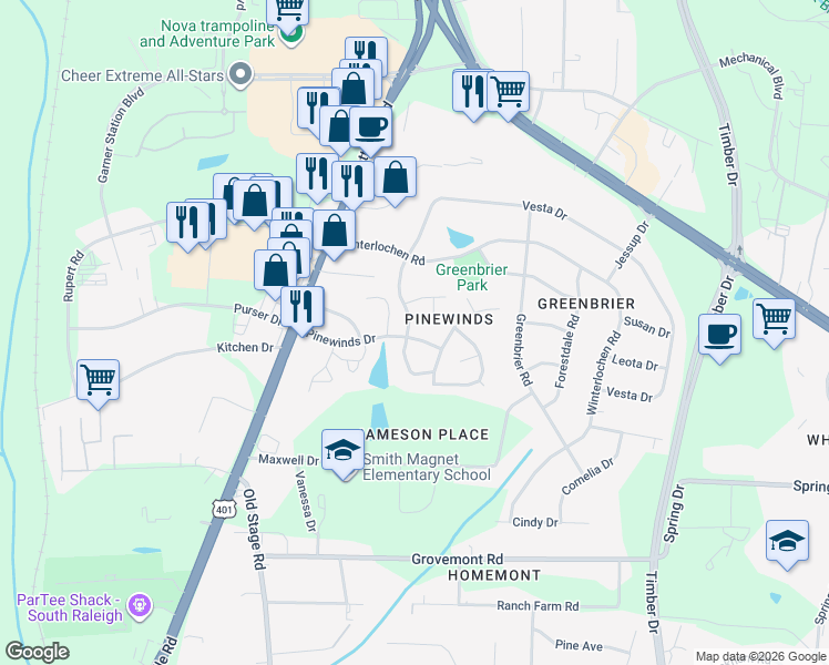 map of restaurants, bars, coffee shops, grocery stores, and more near 4217 Vesta Drive in Raleigh