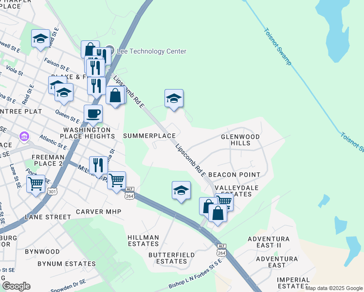 map of restaurants, bars, coffee shops, grocery stores, and more near 1719 State Highway 91 in Wilson