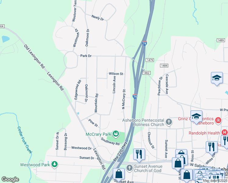 map of restaurants, bars, coffee shops, grocery stores, and more near 591 Lincoln Avenue in Asheboro
