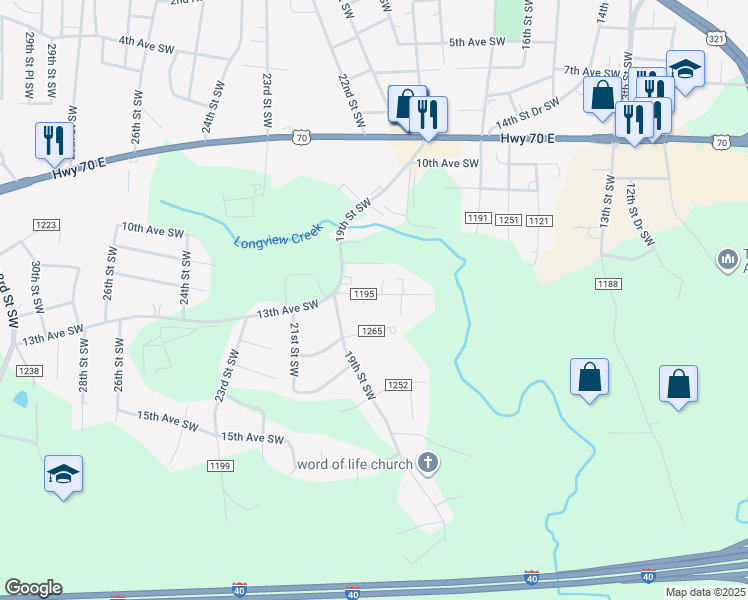 map of restaurants, bars, coffee shops, grocery stores, and more near 1831 13th Avenue Southwest in Hickory