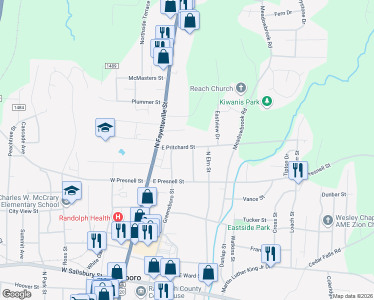 map of restaurants, bars, coffee shops, grocery stores, and more near 652 Greenfield Street in Asheboro
