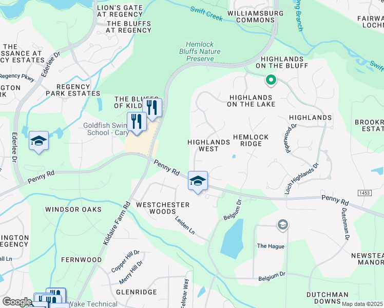 map of restaurants, bars, coffee shops, grocery stores, and more near 203 Crickentree Drive in Cary