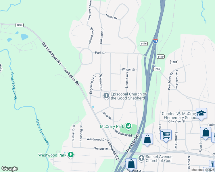 map of restaurants, bars, coffee shops, grocery stores, and more near 604 Oakmont Drive in Asheboro