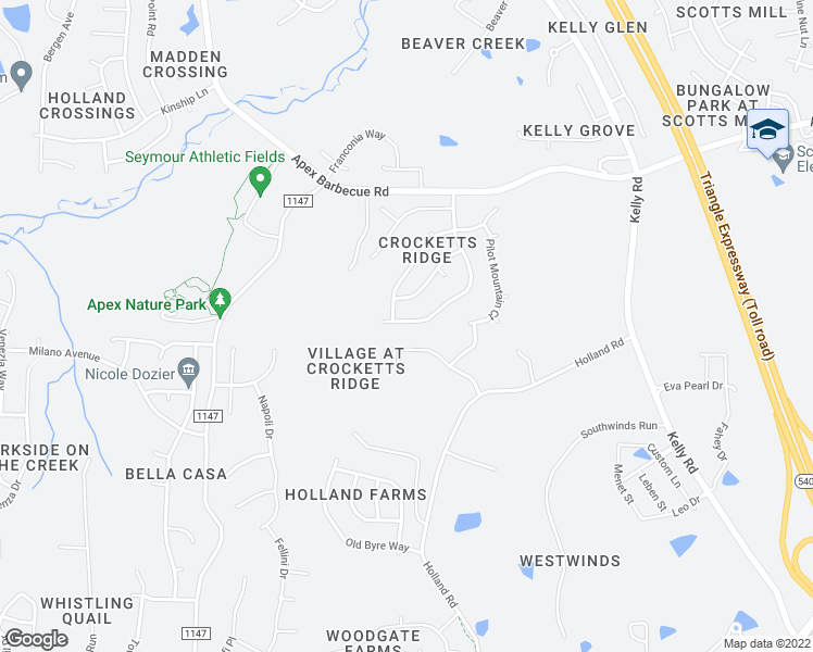 map of restaurants, bars, coffee shops, grocery stores, and more near 2341 Brasstown Lane in Apex