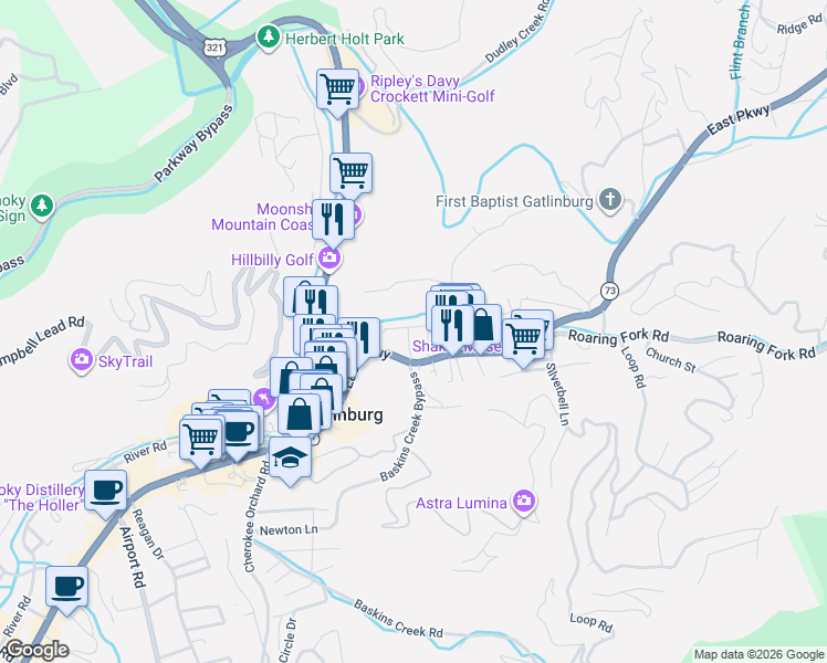map of restaurants, bars, coffee shops, grocery stores, and more near 115 Willow Lane in Gatlinburg