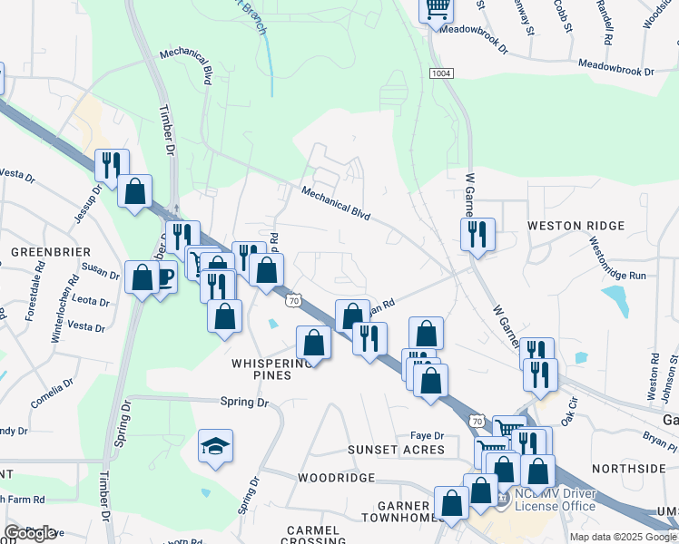 map of restaurants, bars, coffee shops, grocery stores, and more near 120 Yeargan Road in Garner