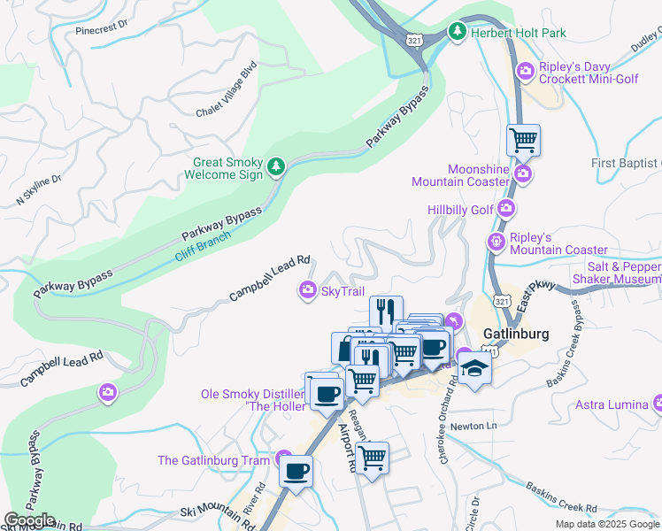 map of restaurants, bars, coffee shops, grocery stores, and more near 553 Greystone Heights Road in Gatlinburg