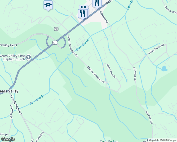 map of restaurants, bars, coffee shops, grocery stores, and more near 3412 Mattox Cemetery Road in Sevierville
