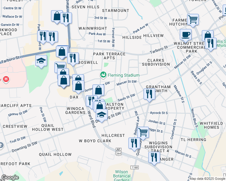 map of restaurants, bars, coffee shops, grocery stores, and more near 1409 Mercer Street Southwest in Wilson