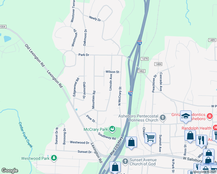 map of restaurants, bars, coffee shops, grocery stores, and more near 591 Lincoln Avenue in Asheboro