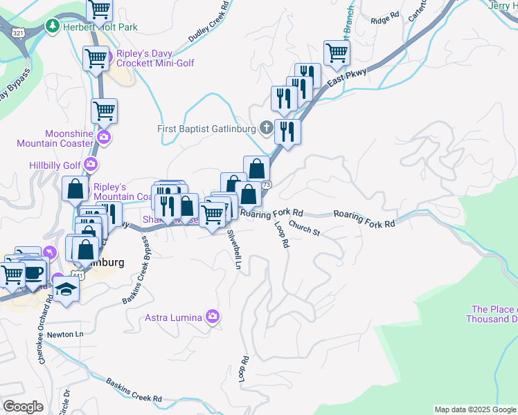 map of restaurants, bars, coffee shops, grocery stores, and more near 124 Roaring Fork Road in Gatlinburg