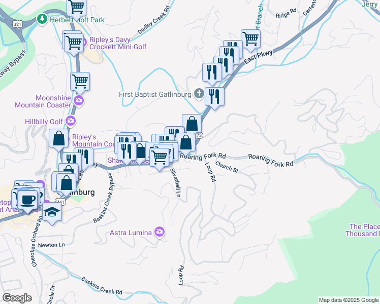 map of restaurants, bars, coffee shops, grocery stores, and more near 124 Roaring Fork Road in Gatlinburg