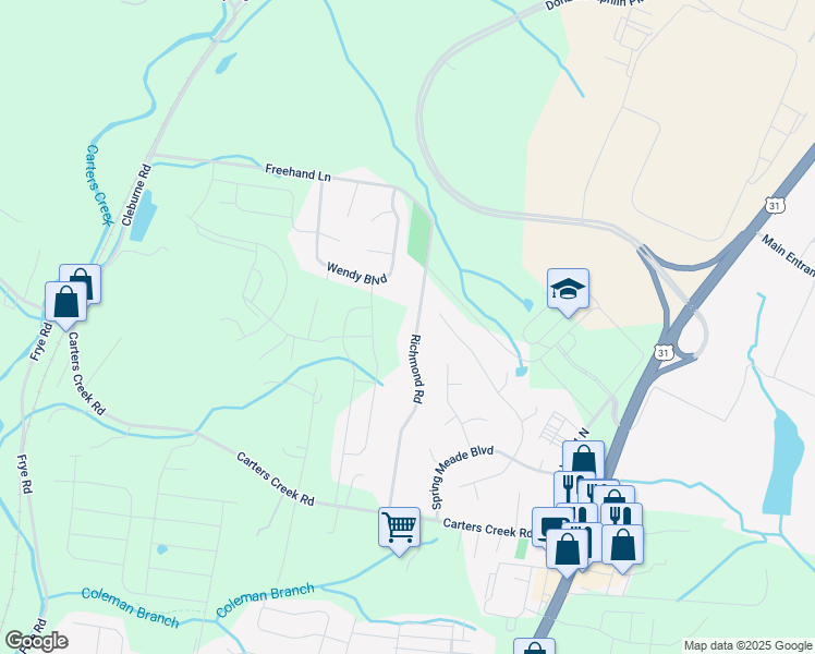 map of restaurants, bars, coffee shops, grocery stores, and more near 1527 Richmond Road in Columbia