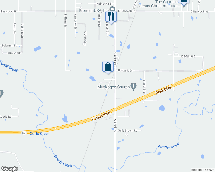 map of restaurants, bars, coffee shops, grocery stores, and more near South York Street in Muskogee
