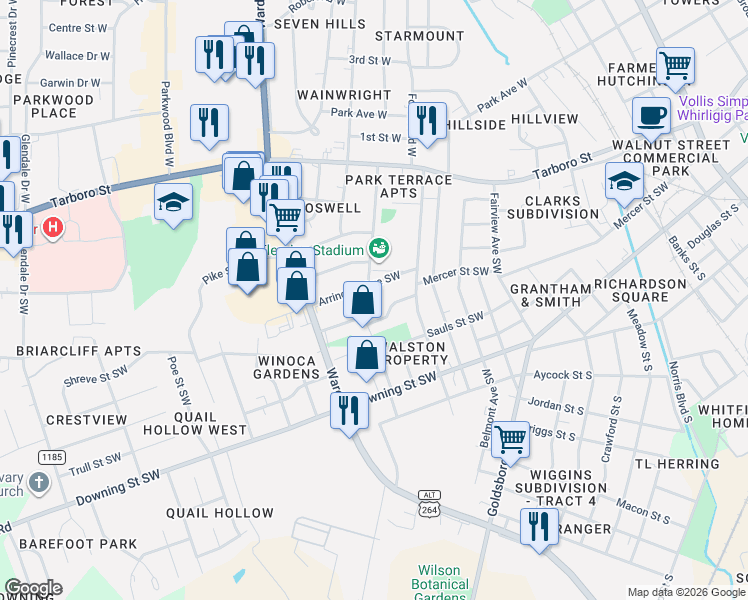 map of restaurants, bars, coffee shops, grocery stores, and more near 409 Stadium St SW in Wilson