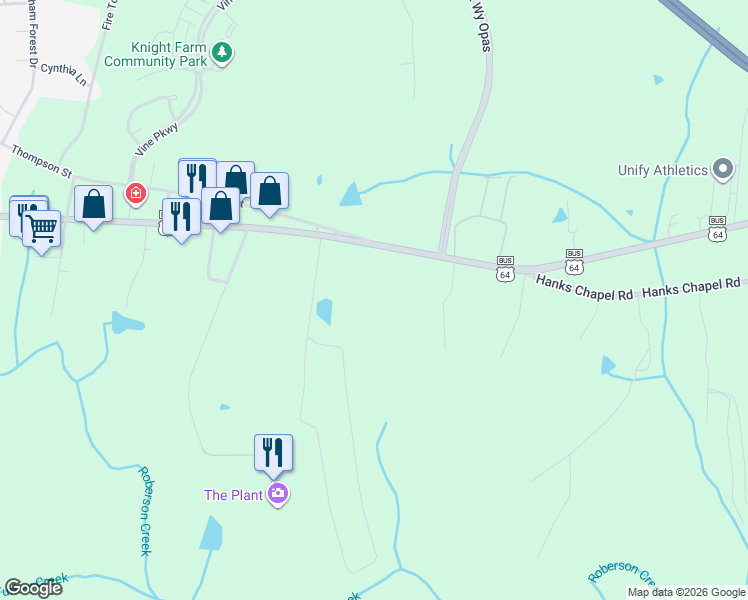 map of restaurants, bars, coffee shops, grocery stores, and more near 1602 U.S. 64 Business in Pittsboro