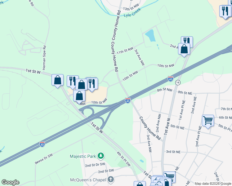 map of restaurants, bars, coffee shops, grocery stores, and more near 401 10th Street Northwest in Conover