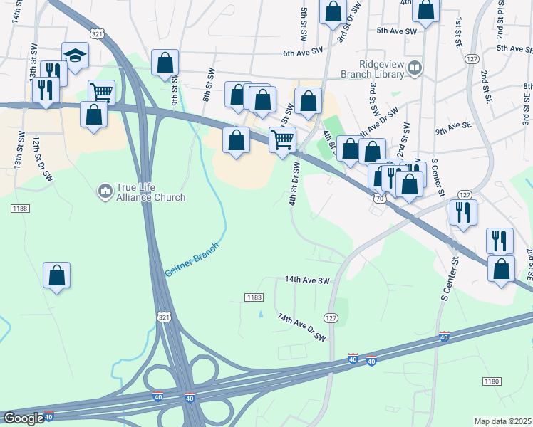 map of restaurants, bars, coffee shops, grocery stores, and more near 1028 4th Street Drive Southwest in Hickory