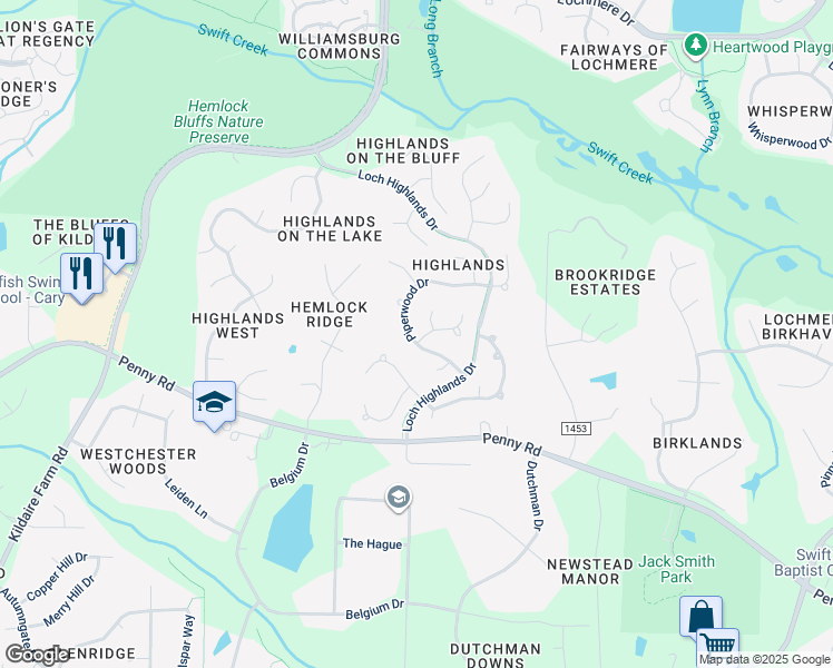 map of restaurants, bars, coffee shops, grocery stores, and more near 211 Piperwood Drive in Cary