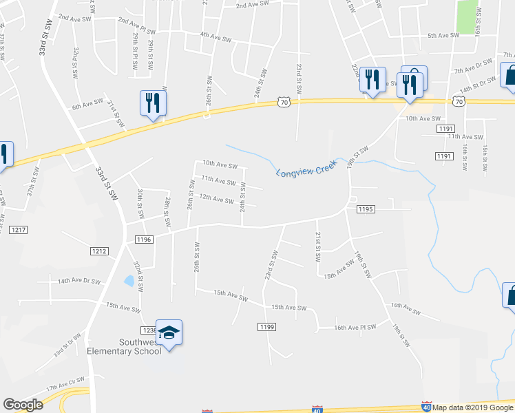 map of restaurants, bars, coffee shops, grocery stores, and more near 2301 12th Avenue Southwest in Hickory