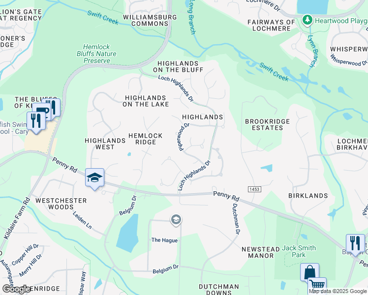map of restaurants, bars, coffee shops, grocery stores, and more near 211 Piperwood Drive in Cary