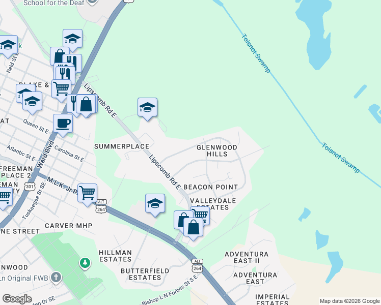 map of restaurants, bars, coffee shops, grocery stores, and more near 1913 Longview Road East in Wilson