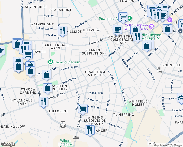map of restaurants, bars, coffee shops, grocery stores, and more near 1011 Wilson Street Southwest in Wilson